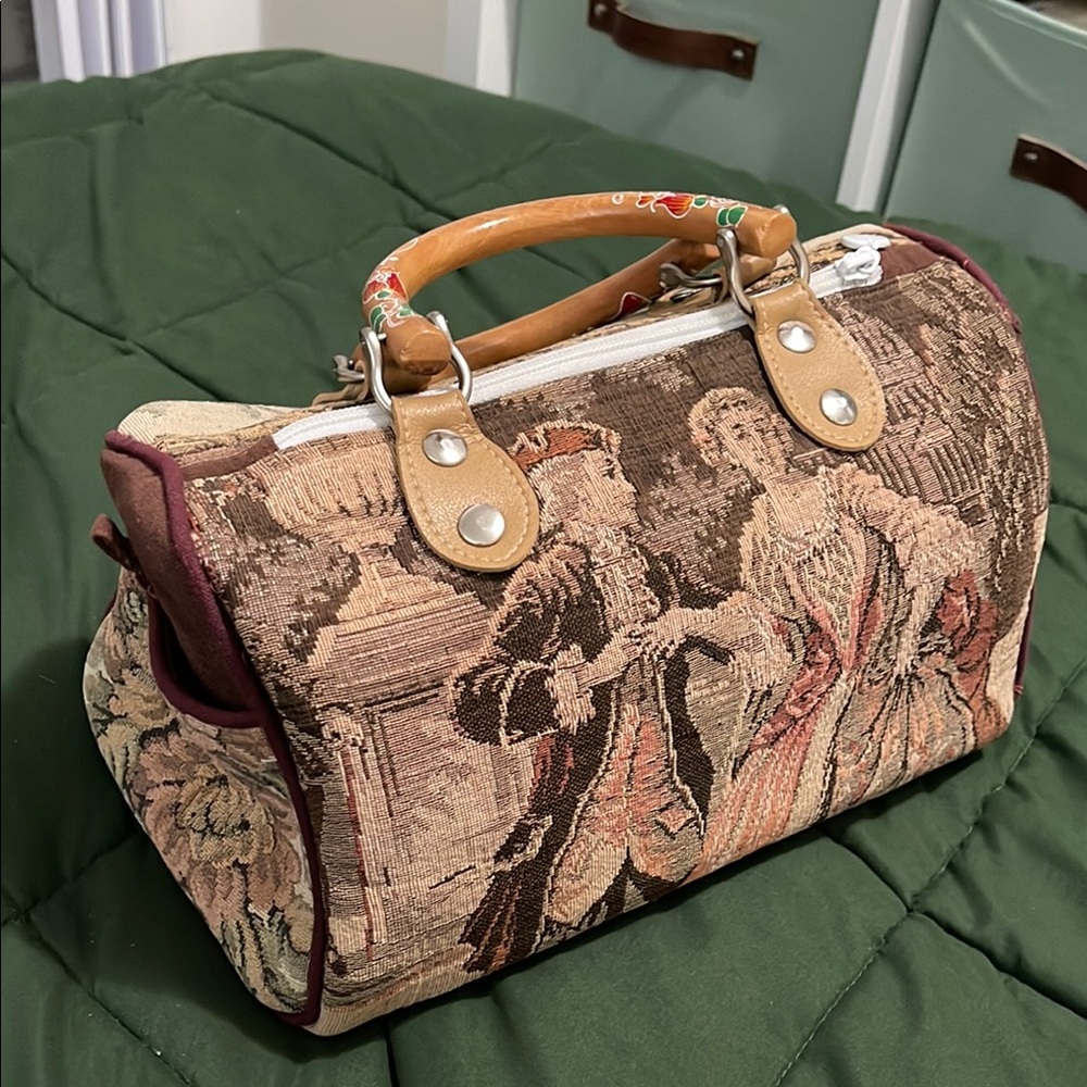 Cream and Brown Travel Bag with Vintage Tapestry Design